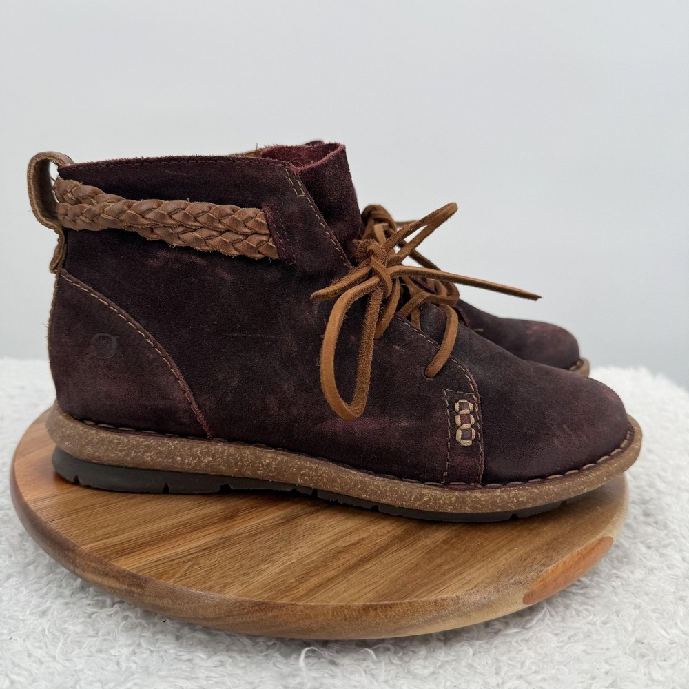 Born‎ Temple Boots Womens Size 8 Purple Suede Ankle Booties Braided Trim Wedge